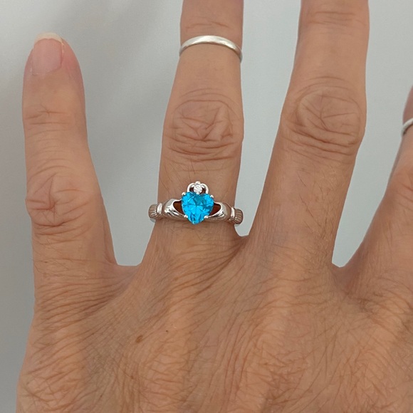 Sterling Silver Blue Topaz CZ Claddagh Ring, Irish Friendship Heart Jewelry - Picture 2 of 8